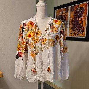 Como Black White Floral Long Sleeve V Neck Blouse